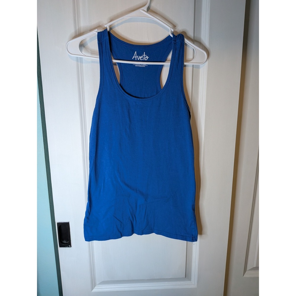 Aveto Womens Blue Racerback Tank Top Large Cotton Spandex Stretch Scoop Neck
